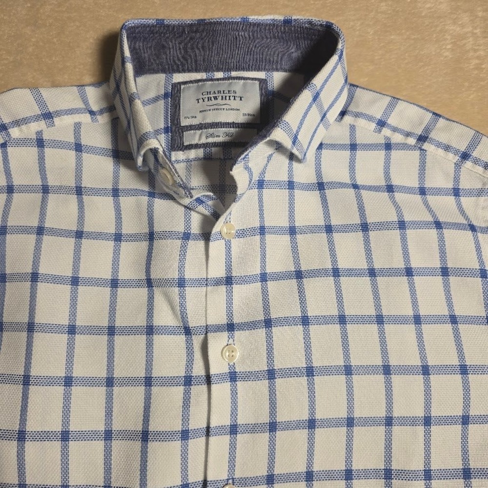 Charles Tyrwhitt Slim Fit Shirt Mens 15.5 34 Blue White Windowpane Check Cotton